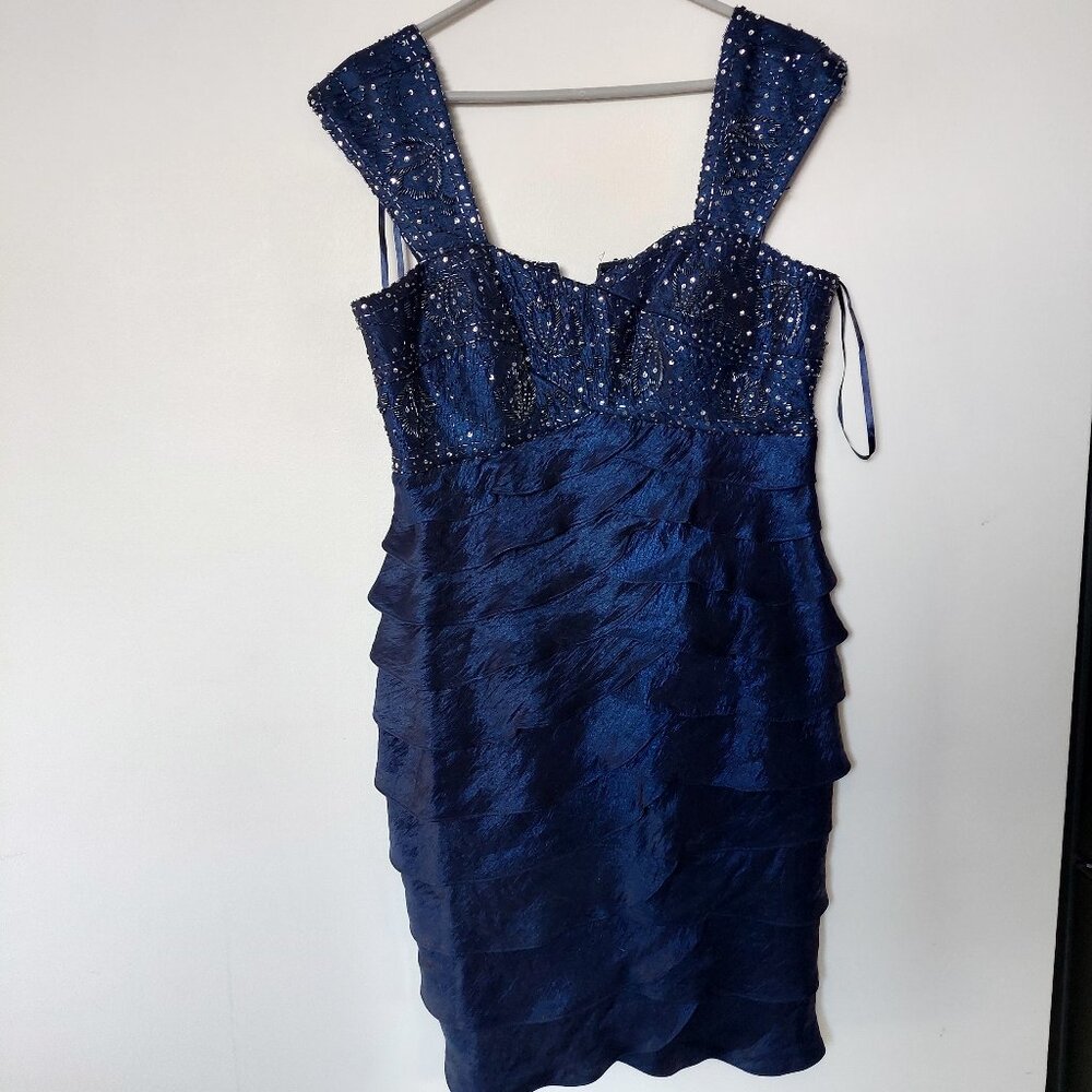 Laura Navy Blue Formal Cocktail Midi Dress Ruffled Skirt Beaded Bodice Sz 16